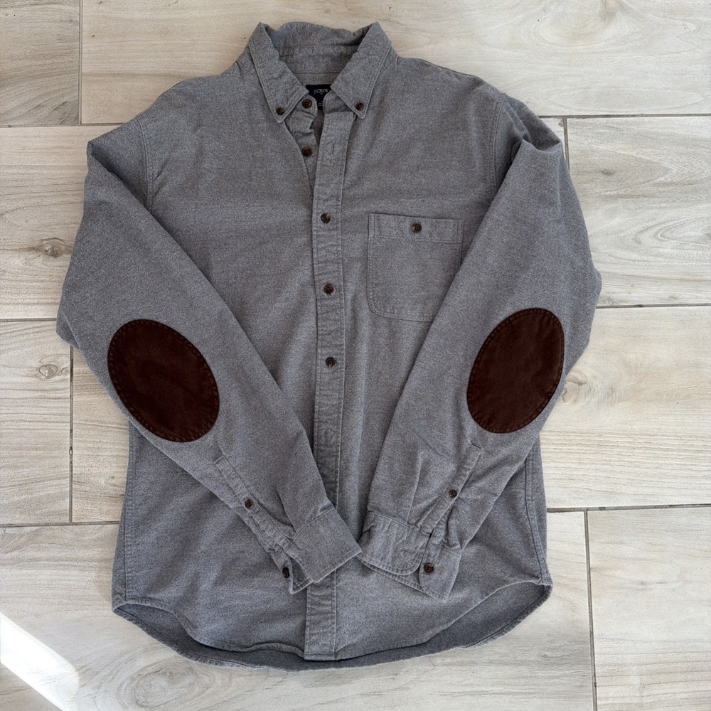 J.Crew Gray Cotton Button Down Shirt Leather Elbow Patches Slim Fit Men's M